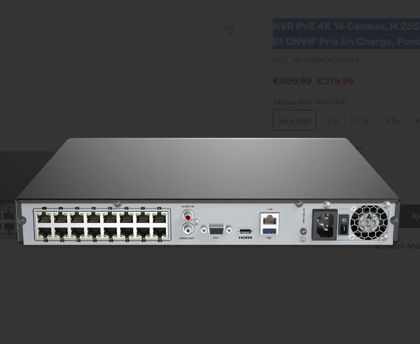 NVR PoE 4K 16 canaux, H.265+, 2 interfaces SATA, RTSP et ONVIF pris en charge, Fonctionne avec Alexa