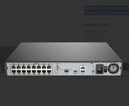 NVR PoE 4K 16 canaux, H.265+, 2 interfaces SATA, RTSP et ONVIF pris en charge, Fonctionne avec Alexa