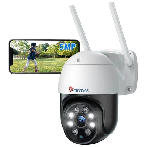 Ctronics 5MP Camera Surveillance WiFi Exterieure, 2,4Ghz/5Ghz WiFi PTZ Camera IP 2560X1920P Couleur Vision Nocturne, Détection Humaine Auto Suivi