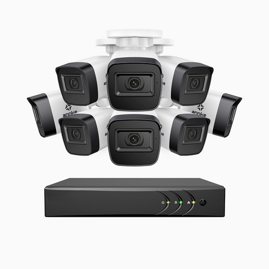 EL200 - Kit de surveillance filaire 1080p à 8 canaux avec 8 caméras, DVR intelligent avec détection humaine et véhicule, vision nocturne infrarouge de 66 pieds, signal de sortie 4-en-1, IP67