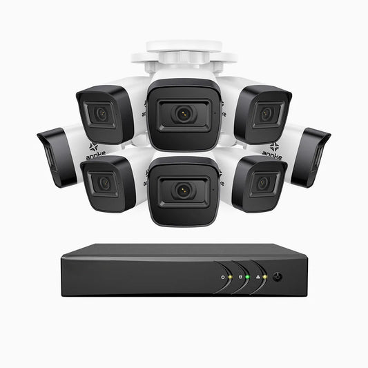 EL200 - Kit de surveillance filaire 1080p à 8 canaux avec 8 caméras, DVR intelligent avec détection humaine et véhicule, vision nocturne infrarouge de 66 pieds, signal de sortie 4-en-1, IP67