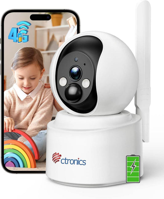 Ctronics 4G LTE & Batterie - 2K Caméra Surveillance Intérieur avec Carte SIM Vision Nocturne Couleur Cloud/PC/Pas WiFi