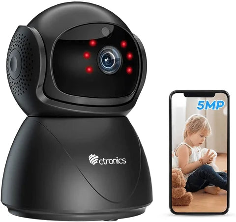 Caméra surveillance intérieure WiFi, caméra PTZ 360°, caméra Ctronics 5MP, caméra connectée smartphone, caméra détection mouvement auto suivi, caméra sécurité intérieure
