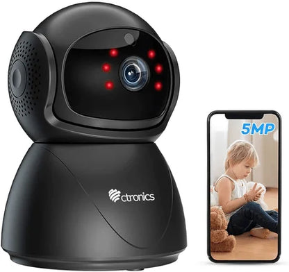 Caméra surveillance intérieure WiFi, caméra PTZ 360°, caméra Ctronics 5MP, caméra connectée smartphone, caméra détection mouvement auto suivi, caméra sécurité intérieure
