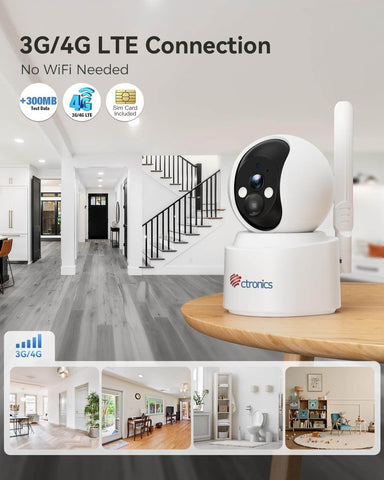 Ctronics 4G LTE & Batterie - 2K Caméra Surveillance Intérieur avec Carte SIM Vision Nocturne Couleur Cloud/PC/Pas WiFi