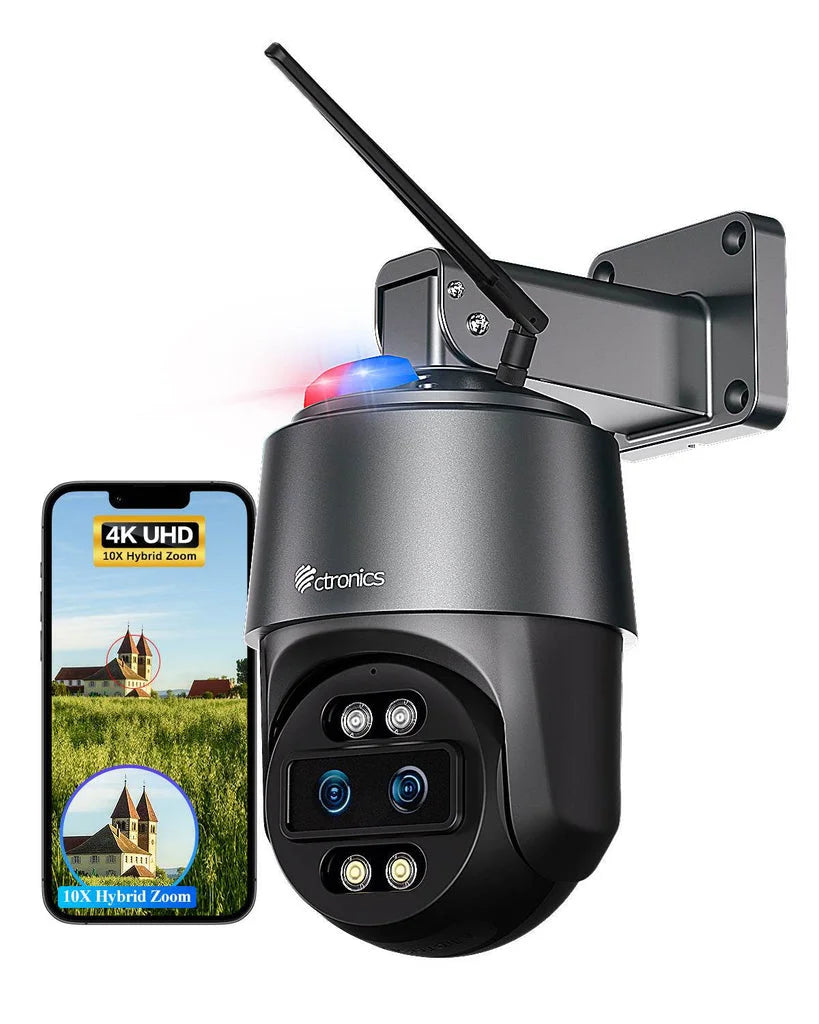 caméra surveillance extérieure 4K, caméra double objectif, caméra zoom hybride 10X, caméra intelligente détection humaine, caméra sécurité animaux véhicules, caméra connectée smartphone extérieur